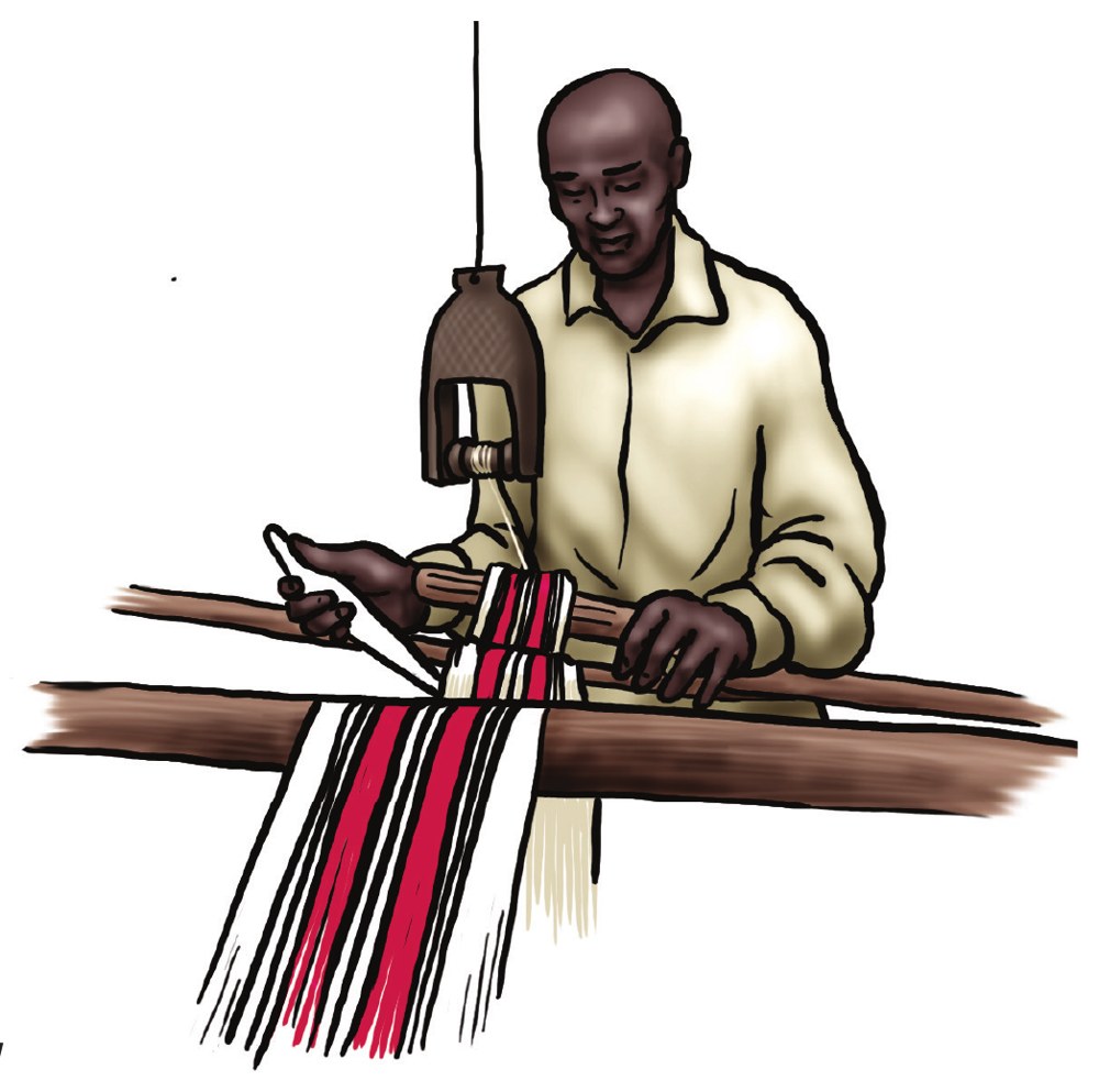Illustration of a Malinké weaver at his loom, by Olha Tkachenko