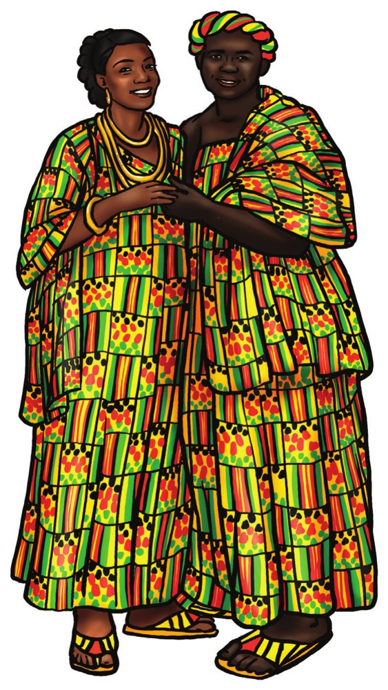 Illustration of a couple dressed in Kita cloth, by Olha Tkachenko